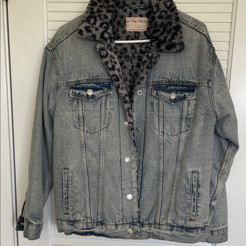 We The Free Gray Denim Jacket with Animal Print Collar